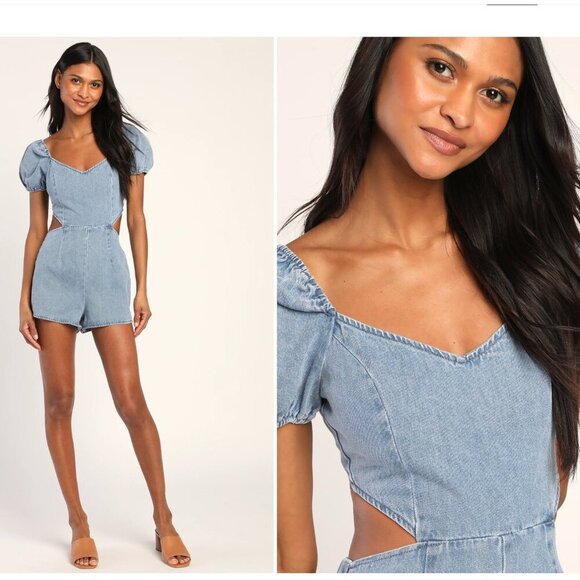 Lulus Blushing Beauty Light Wash Denim Puff Sleeve Romper - Size S - Picture 5 of 10